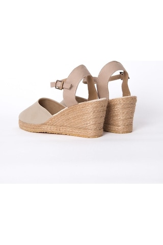Star Tombis Gerçek Elişi Topuğu Açık Bilekten Bantlı Dolgu Topuk Bej Keten Hasır Espadril Handmade Bej