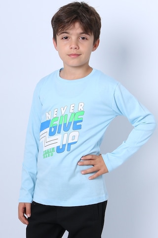 Hçm Erkek Çocuk Uzun Kollu Tshirt Never Give Up Baskılı Bisiklet Yaka D10 Turkuaz