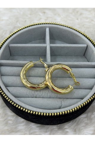 Premium Parlak Ve Şık Gold Renk Dokulu Bombeli Küçük Boy 316l Çelik Halka Kadın Küpe Altın