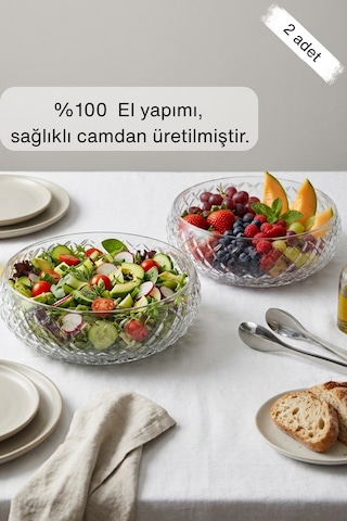 Selen Concept Kafes Model El Yapımı Orta Boy Cam Salata Kasesi 2'li Şeffaf