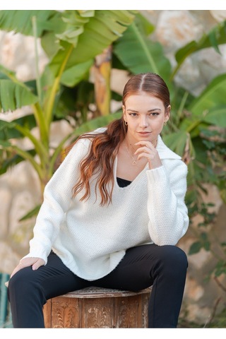 Gömlek Yaka Oversize Basic Kazak Beyaz