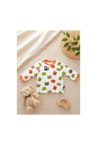 Uğur Bebe Miniworld Erkek Bebek %100 Pamuk Ayıcık Desenli Pijama Takımı Uzun Kollu Yumuşak Nefes Alan Alt Üst Takım Ekru Oranj Ekru Oranj