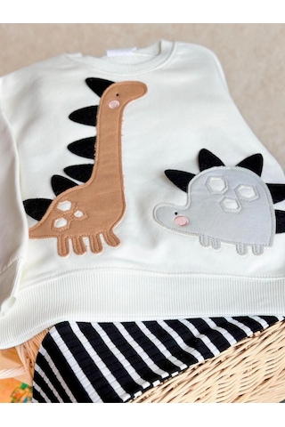 Lolliboomkids Kız Çocuk 3d Boyutlu Dikenli Dinozor Nakışlı Desenli Kışlık Pamuklu Sweatshirt Tayt Alt-üst Takım Gri Ekru Gri - Ekru