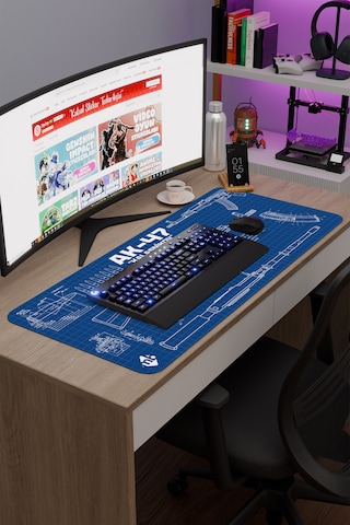 Ak 47 Siyah Kalaşnikov Cs Dikişli Kauçuk Oyuncu Mousepad - 90x40 Gaming Mouse Pad Ak-47 Mavi