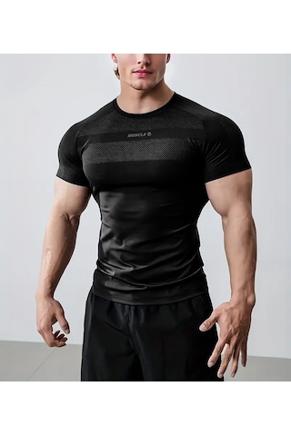 Ghassy Co. Erkek Nem Emici Hızlı Kuruyan Renk Solmayan Atletik Teknik Fitness Spor T-shirt siyah