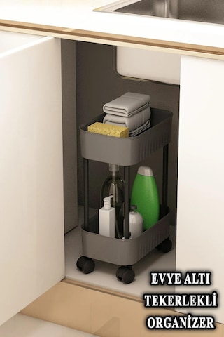 Çok Amaçlı 2 Katlı Banyo Dolabı, Evye Altı Düzenleyici Dolap Içi Tezgah Altı Tekerlekli Organizer - Gri