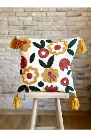 Swita Home Punch İşlemeli Tekli Dekoratif Özel Tasarım Kırlent Kılıfı Panç Yeşil - Kırmızı