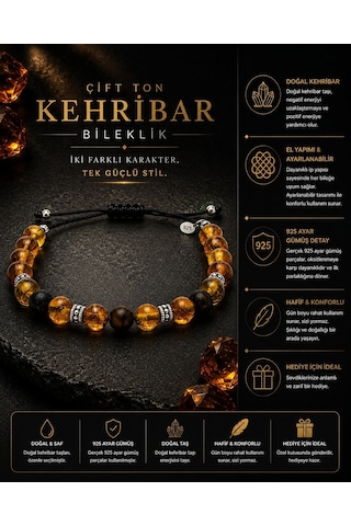 Mat ve Bal Kehribar Doğal Taşlı 8mm 925 Ayar Gümüş Süslemeli Makrome İpli Erkek Bileklik – Hediye Kutulu