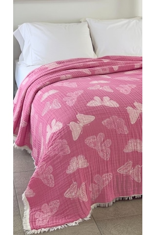 Kelebek Desen 4 Katlı Müslin Pike Yatak Örtüsü Battal Boy 240x260 Cm Pembe