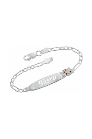 İsim Yazılı Kedili Gümüş Bebek Künyesi Çocuk Bileklik Csb05