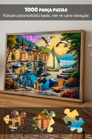 3 Adet 1000 Parça Puzzle - Aslan Kral Kedi, Sahil Kasabası Ve Limanda Sakinlik Yapboz 68x48 Cm