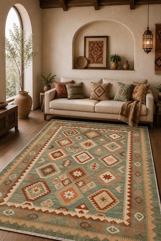 Etnik Kilim Desenli Yeşil Halı, Bohem Salon Ve Oturma Odası Halısı 3055