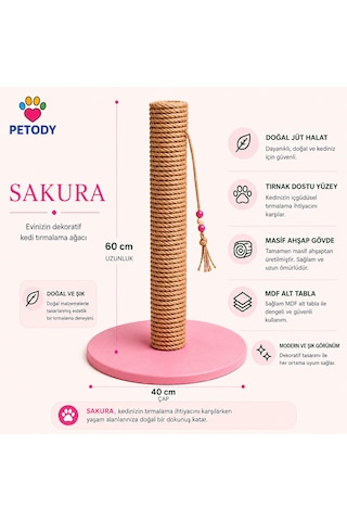 Petody Sakura Doğal Ahşap 60 Cm Jüt Kedi Tırmalama Direği