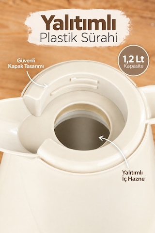 Herevin 161714-590 Plastik Termos Çay Termosu Su Termosu Sürahi 1,2 Litre Krem