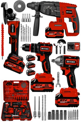 Steiner 21v Darbeli Kömürsüz Kırıcı Delici Hilti & Taşlama & Matkap & Somun Sıkma Sökme 4'lü Set Kırmızı