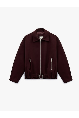 Koton Uzun Kollu Cepli Fermuarlı Kemerli Oversize Kaşe Bomber Ceket Bordo 6sak20117ew Bordo