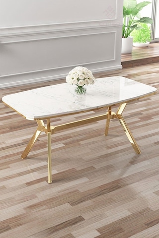 Canisa Asel Serisi 90x160 Lak Panel Beyaz Mermer Desen Gold Ayaklı Masa Takımı Ve 6 Antrasit Sandalye Beyaz Mermer Desen Masa Sandalyeler Antrasit