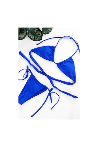 Hepsibayi Kadın Mavi Yandan Bağlamalı Tangalı Üçgen Bikini Mayo Takımı
