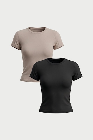 Auw Kadın Bisiklet Yaka Pamuklu Modal T-shirt 2'li - Softfit Taş - Siyah