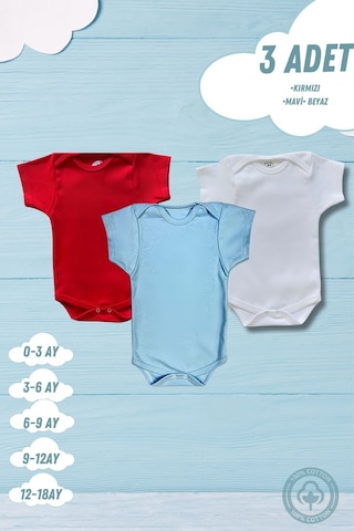 Betül Bebek Kısa Kollu 3'lü Organik Pamuk Çıtçıtlı Bebek Body&zıbın Kırmızı,mavi,beyaz Çok Renkli