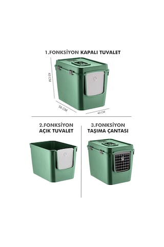 Pribor Hz-500 Xxl 3 Fonksiyonlu Açık / Kapalı Kedi Tuvaleti Ve Taşıma Çantası Yeşil 56 X 40 X 43 Cm