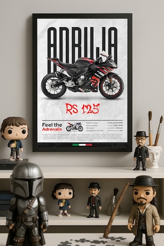 Aprilia Rs 125 Siyah Ahşap Çerçeveli Poster, Dekoratif Motosiklet Duvar Tablosu Çok Renkli