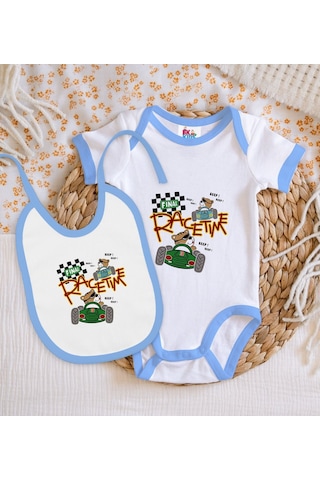 Bk Kids Race Time Tasarımlı Mavi Bebek Body Zıbın Ve Mama Önlüğü Çok Renkli