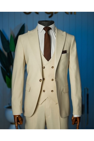 Bys Beystil Sivri Yaka Ekru Takım Elbise Nikol - Slim Fit