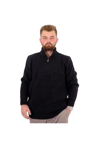 Mode Xl Büyük Beden Erkek Triko Kazak Yarım Fermuarlı Dik Yaka 24209 Siyah Siyah