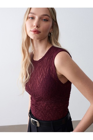 Dilvin 32492 Büzgülü Dantel Top-bordo