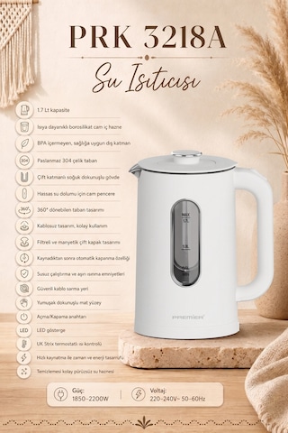Premier PRK 3218A 1.7 L Isıya Dayanıklı Cam Hazneli Led Işıklı Su Isıtıcısı Kettle