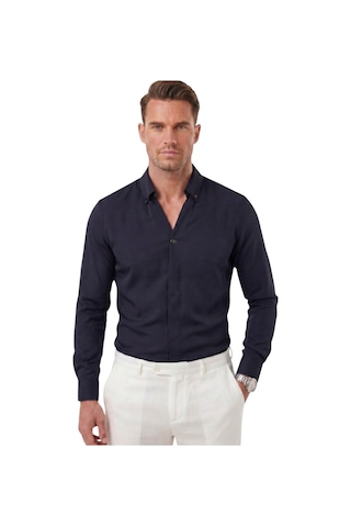 Deepsea Lacivert Slim Fit Kolay Ütülenebilir Açık Dik Yaka Likralı Erkek Gömlek 2602615