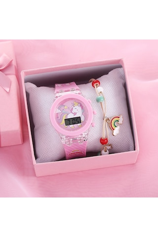 Xindoker Unicorn Desenli Işıklı Silikon Saat Ve Bileklik Seti 2 Adet - Pembe Kutulu, Gündüz/gece Görünür, Kadın-erkek Uyumlu, Hediye İçin Ideal Diğer