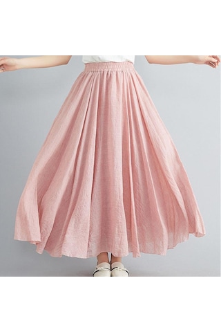 Yaz Sonbahar Kadın Etek Edebi Büyük Boy Pamuk Keten Yarım Etek Elastik Bel Keten A-line Etek Uzun Bölüm Saf Renk Rüzgar Salıncak Etek Pembe