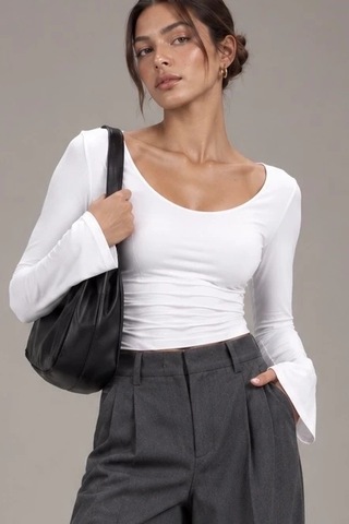 Bbbutikbasic Kadın U Yaka İspanyol Kol Uzun Kollu Slim Fit Bluz My3535 Beyaz