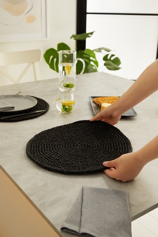 Ocean Home Textile 2 Adet Rafya Sofra Sunum Tabak Altlığı Supla Amerikan Servisi 36 x 36 CM Siyah