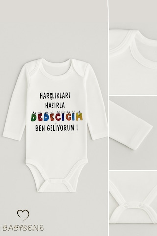 Babyden's "harçlıkları Hazırla Dedeciğim Ben Geliyorum " Yazılı Uzun Kollu Bebek Zıbını %100 Pamuklu Body Beyaz