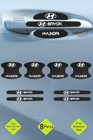 Karbon Kaplama Hyundai Bayon Kapı Kolu Koruma Seti 8 Parça, Şık Beyaz Yazılı Folyo