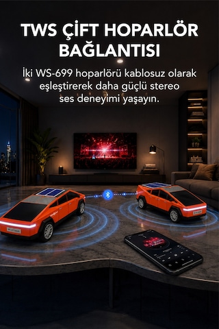 Ws-699 Cybertruck Model Bluetooth Hoparlör Tws Stereo Güneş Enerjili Şarj Usb / Tf Kart / Aux / Fm Radyo