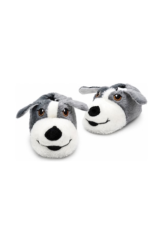 Modafocus Sevimli Köpek Figürlü Sessiz Kaydırmaz Taban Peluş Unisex Ev Pandufu Sevgili Kombin Terliği Füme Füme