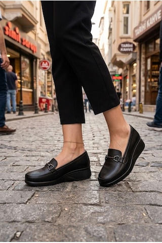Mehmet Mete 4286 Comfort Rahat Hakiki Deri Loafer Kadın Ayakkabı Siyah