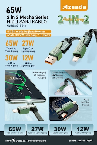 Azeada AZ-B10TH 65 W 2'in2 4'Lü Hızlı Şarj Kablosu 1.5 MT