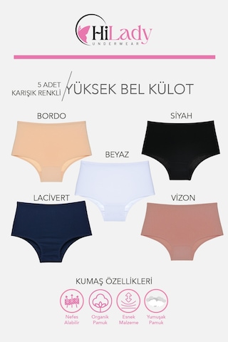 Kadın Külot, Çok Renkli Yüksek Bel Külot, Pamuklu Yumuşak Kumaş, Çoklu Paket, Karışık Renkli Siyah - Vizon - Ten Rengi