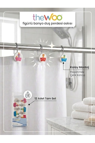 The Woo Sevimli Figürlü Banyo Duş Perdesi Askısı 12'li Set Çok Renkli