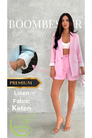 Boombester Kadın Flam Keten Astarlı Blazer Ceket Çizgili Astar Detay Rahat Kalıp İnce Ceket Pembe