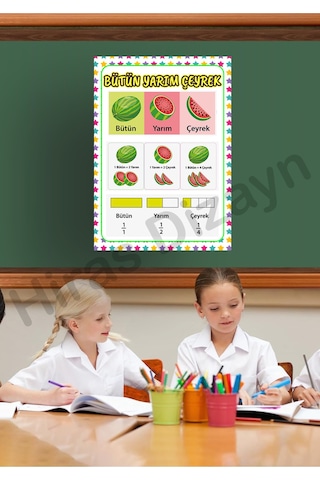 Bütün Yarım Çeyrek Afişi Eğitici Çocuk Posteri Okul Öncesi İlkokul Sınıf Duvar Panosu Öğretmen Materyali 30x42cm A3 Kalın Kuşe Kağıt