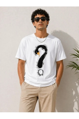 Defymoda Erkek Kuğu Figürlü Soru İşareti Baskılı Tişört Kısa Kol T-shirt - Beyaz