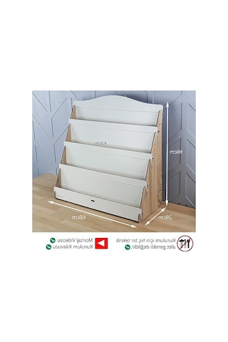 Ahşap Çocuk Kitaplığı - 4 Raflı, Meşe & Beyaz Abanoz - Beyaz