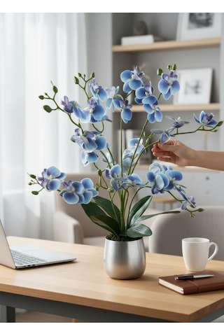 Yapay Çiçek Mavi 9 Dallı Islak Orkide Gümüş Metal Saksıda Saksıda Orkide 60cm Mavi