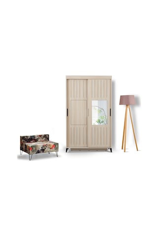 Pasifichome Huga Sürgülü Gardırop Meşe 120Cm / 2 Kapaklı Çekmeceli Dolap